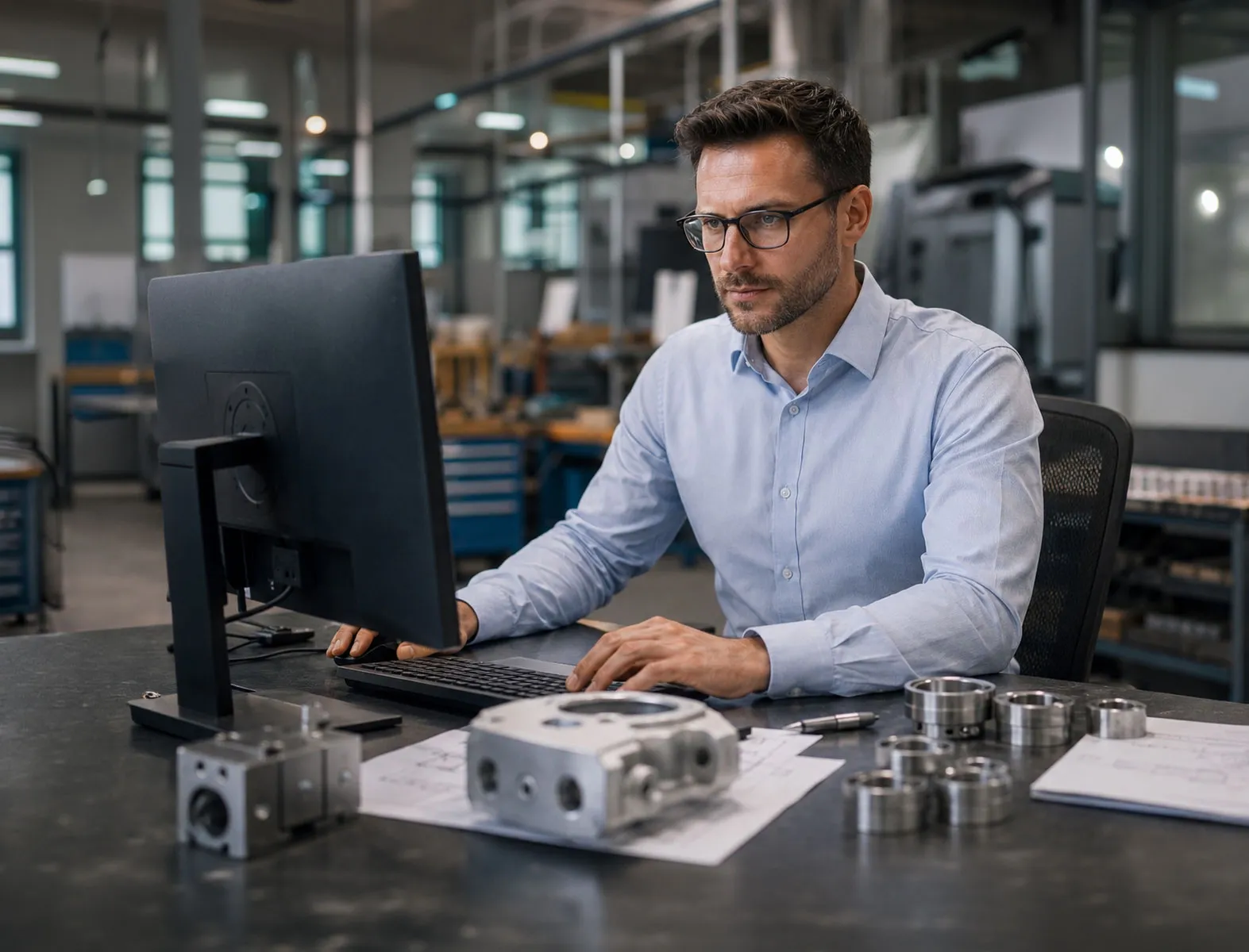 Ingenieur am Schreibtisch mit Monitor und Zeichnungsteilen in einer Werkstatt